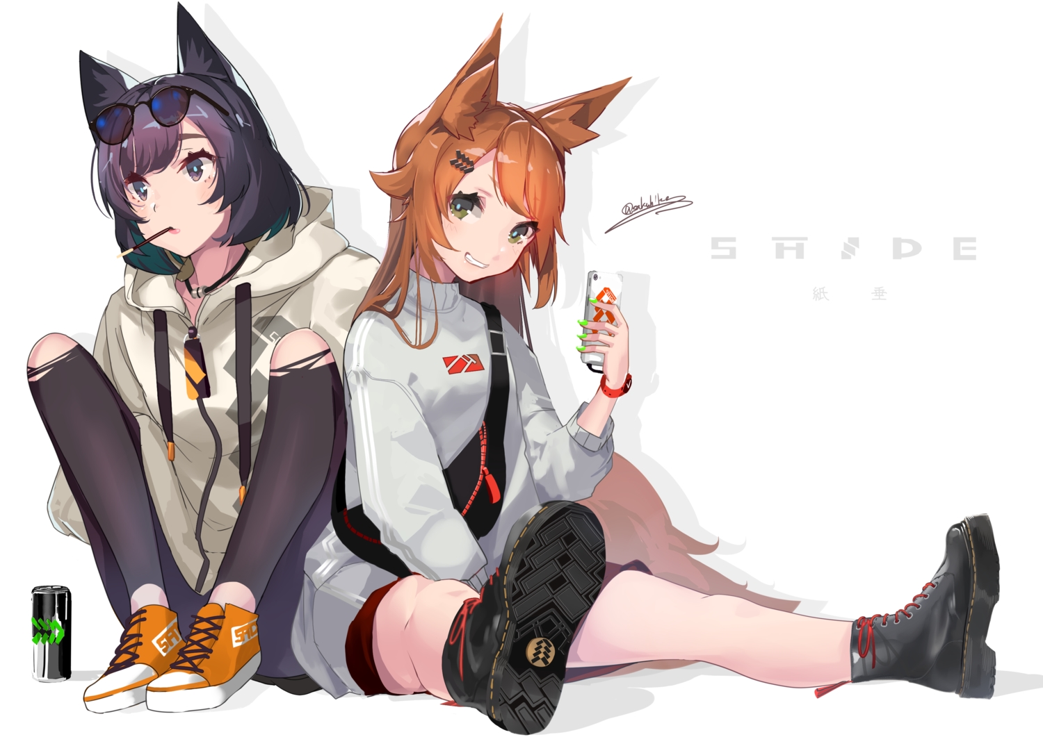 2girls, animal_ears, brown_eyes, brown_hair, drink, food, foxgirl, green_eyes