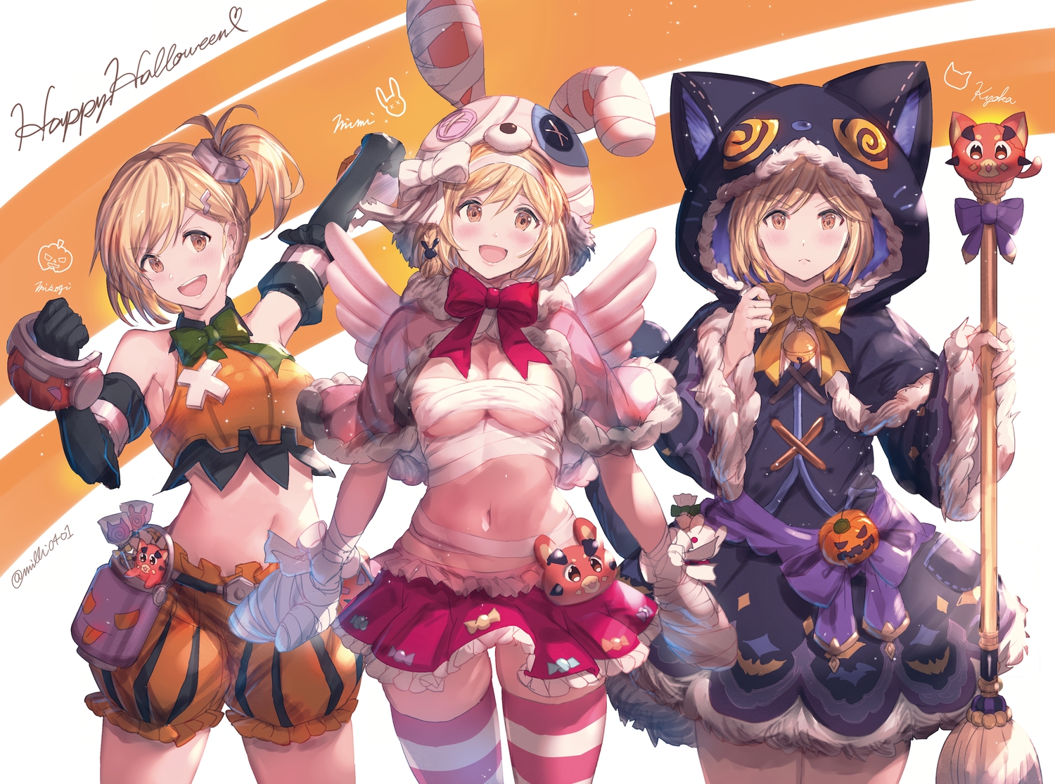 animal_ears, bandage, bell, blonde_hair, bloomers, blush, bow, braids, brown_eyes, bunny_ears, bunnygirl, cosplay, djeeta_(granblue_fantasy), dress, elbow_gloves, gloves, granblue_fantasy, halloween, hood, milli_little, navel, panties, ponytail, princess_connect!, short_hair, shorts, skirt, staff, thighhighs, underwear, wings
