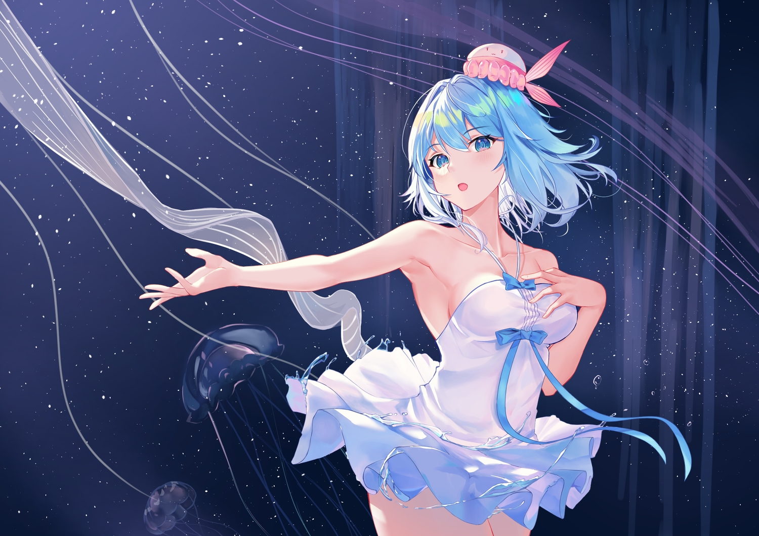 aqua_eyes, aqua_hair, breast_hold, breasts, dress, haiyi, nekoma0116, short_hair, synthesizer_v, water