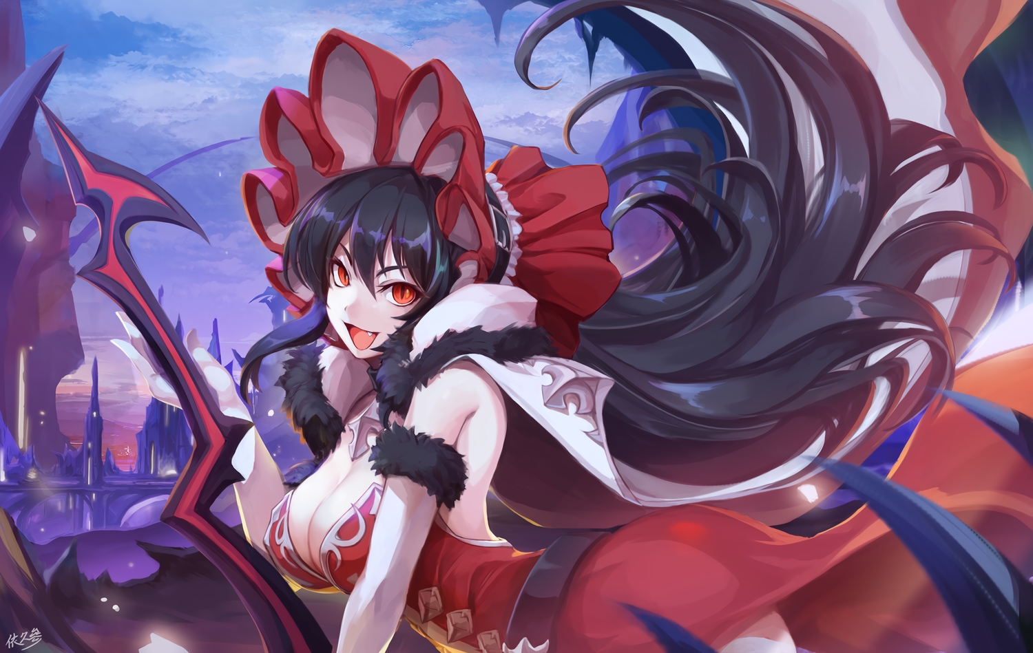 black_hair, breasts, cleavage, clouds, dress, fang, gloves, headdress, ilya_ornstein, long_hair, pepsimen, princess_connect!, red_eyes, signed, sky