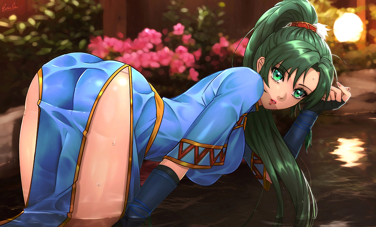 ass, dress, elbow_gloves, esther, fire_emblem, gloves, green_eyes, green_hair