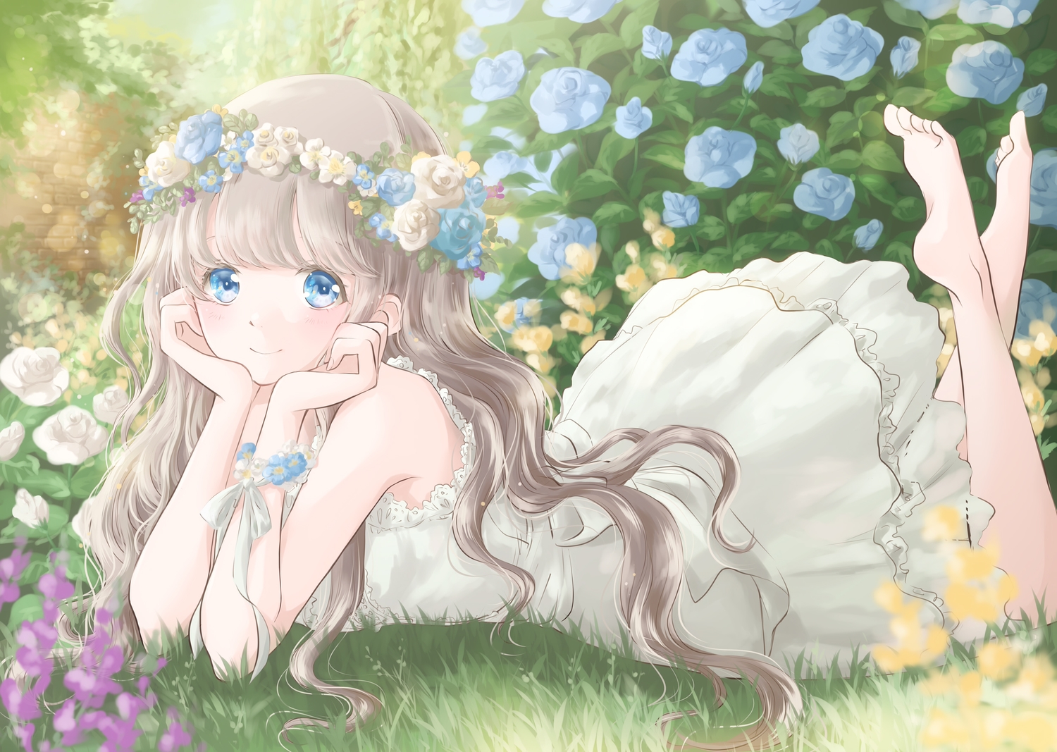 aqua_eyes, barefoot, blush, brown_hair, dress, flowers, grass, green, headdress, hoshiibara_mato, long_hair, original, summer_dress