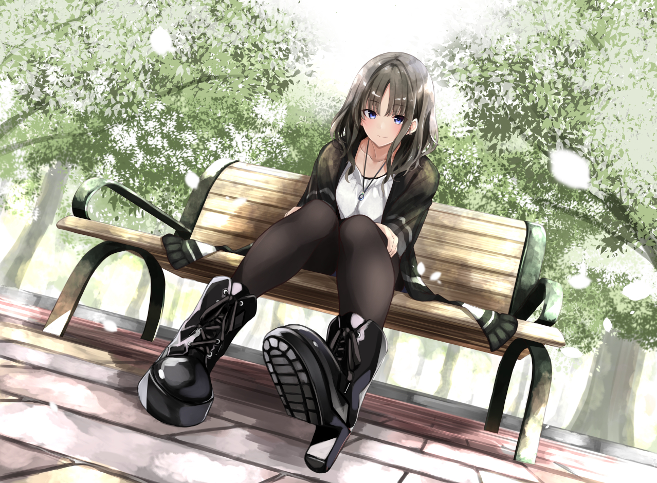 blue_eyes, boots, brown_hair, fuu_(fuore), necklace, original, pantyhose, park