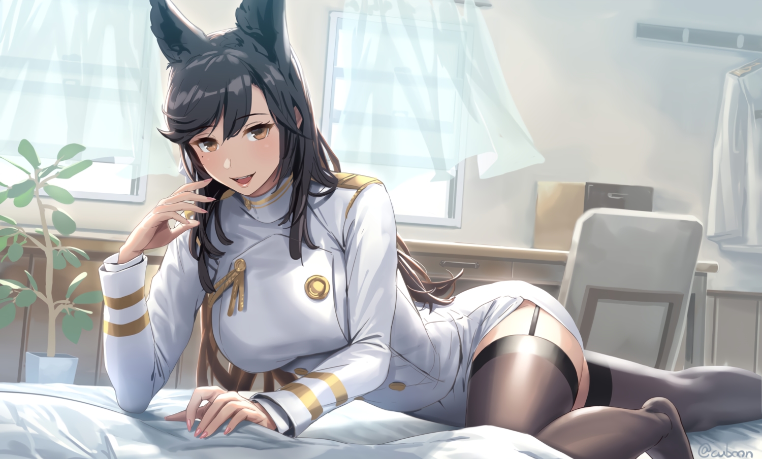 animal_ears, anthropomorphism, atago_(azur_lane), azur_lane, black_hair, brown_eyes, cropped, cuboon