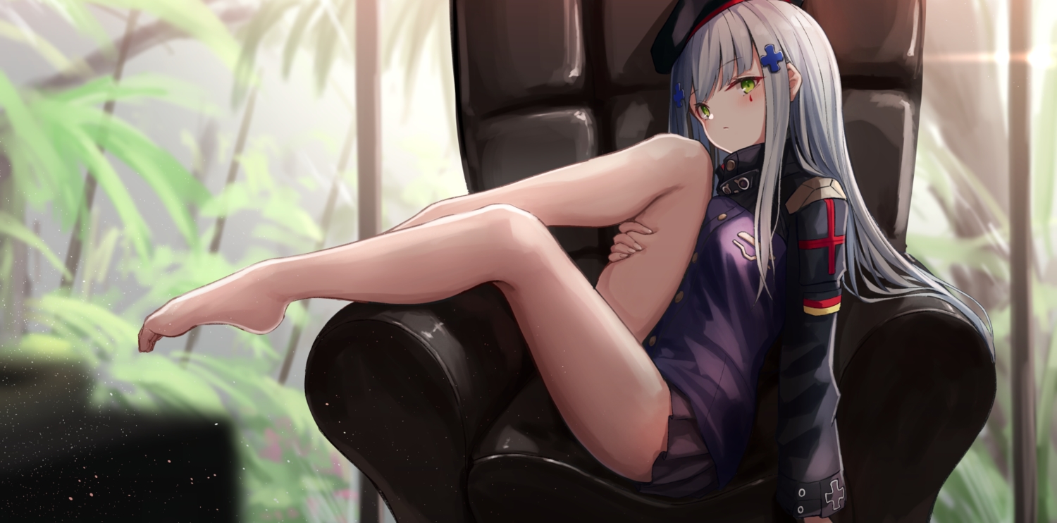 anthropomorphism, barefoot, blush, cropped, girls_frontline, gray_hair, green_eyes, hat, hk416_(girls_frontline), knoy3356, long_hair, skirt