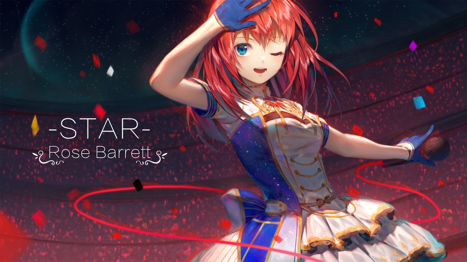 dress, gloves, green_eyes, ji_dao_ji, long_hair, microphone, red_hair, revdoll, rose_barrett, wink