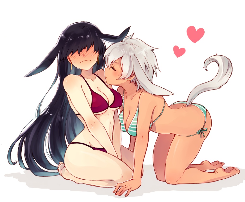 2girls, animal_ears, ass, barefoot, bikini, black_hair, blush, dark_skin, gray_hair, itsumi_mita, long_hair, original, short_hair, shoujo_ai, swimsuit, tail, white
