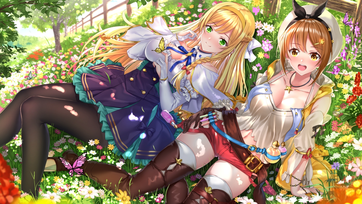 2girls, atelier, atelier_ryza, blonde_hair, blush, braids, breasts, brown_hair