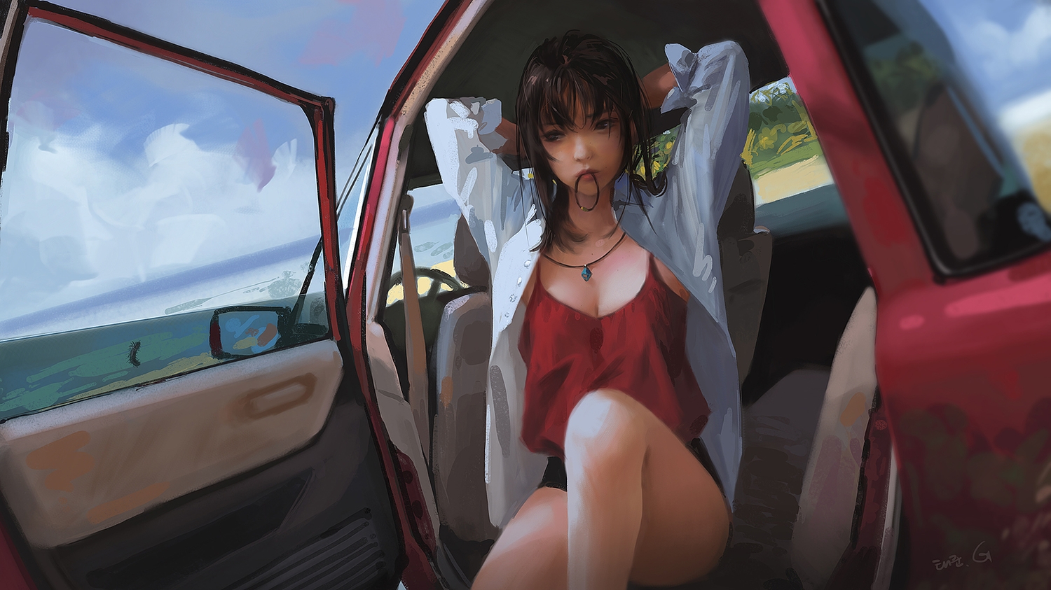 brown_hair, car, g-tz, necklace, original, realistic, shorts, signed