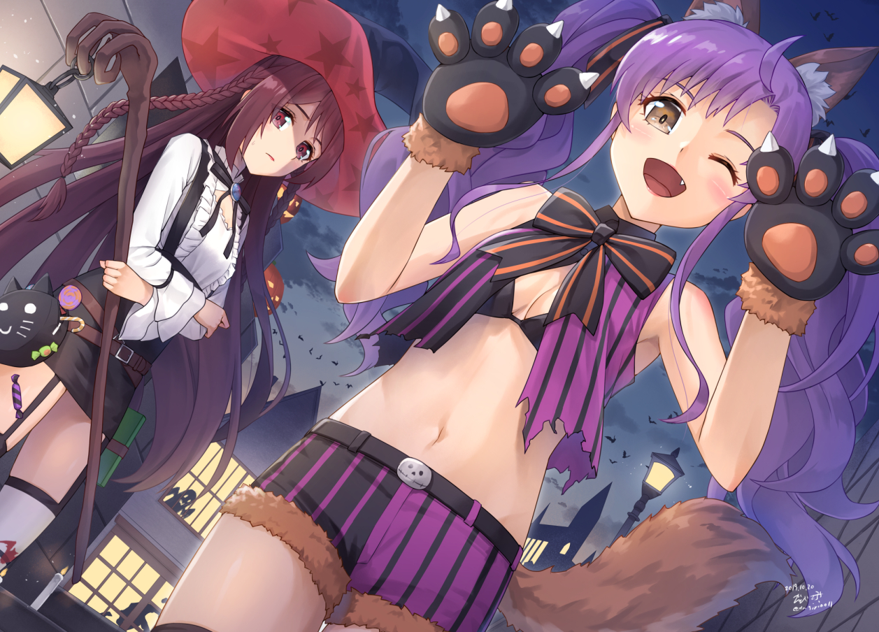 2girls, animal, animal_ears, bat, blush, bow, braids, brown_eyes, brown_hair, building, candy, clouds, cosplay, ensemble_girls!, fang, garter_belt, halloween, hat, navel, night, ougi_koharu, pumpkin, purple_hair, red_eyes, sarasa_(kanbi), segawa_kaede, signed, sky, tail, thighhighs, twintails, wink, witch, witch_hat, wolfgirl