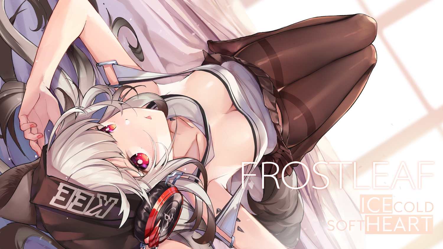 am1m, animal_ears, arknights, foxgirl, frostleaf_(arknights), headphones, pantyhose, skirt_lift