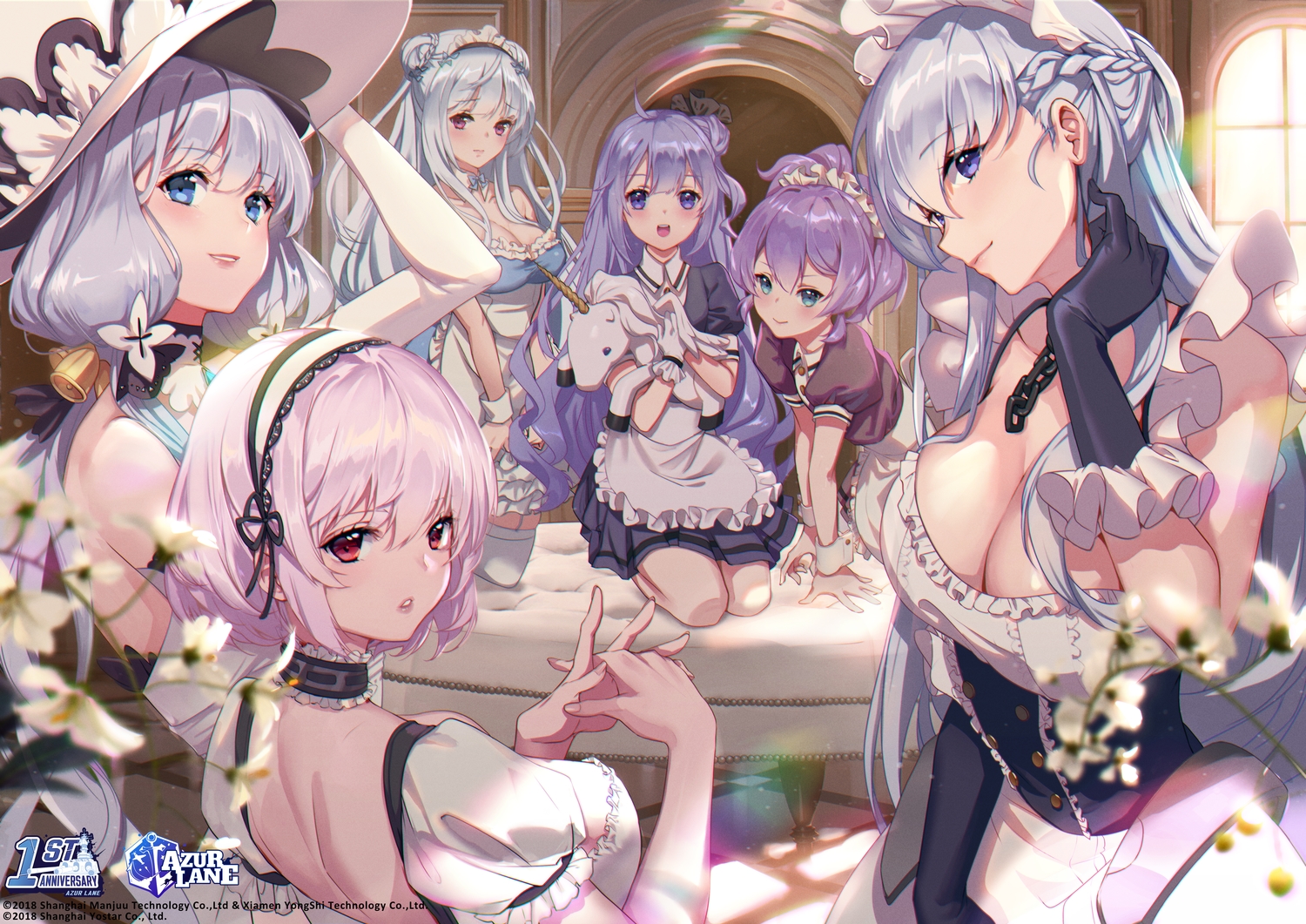 anthropomorphism, azur_lane, belfast_(azur_lane), blue_eyes, blush, braids, breasts, chain, cleavage, cygnet_(azur_lane), dress, flowers, gloves, gray_hair, green_eyes, group, hat, headband, illustrious_(azur_lane), javelin_(azur_lane), logo, loli, long_hair, lucidsky, maid, ponytail, purple_eyes, purple_hair, red_eyes, short_hair, sirius_(azur_lane), stockings, thighhighs, unicorn_(azur_lane), white_hair