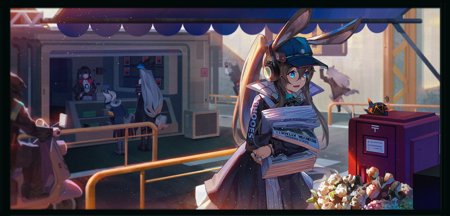 amiya_(arknights), animal_ears, aqua_eyes, arknights, black_hair, brown_hair, building, bunny_ears, bunnygirl, cape, city, closure_(arknights), doctor_(arknights), dress, flowers, grani_(arknights), gray_hair, group, hat, headphones, lappland_(arknights), long_hair, motorcycle, paper, pointed_ears, ponytail, rose, shade, skadi_(arknights), sunligh_mao, texas_(arknights), twintails, witch_hat, wolfgirl