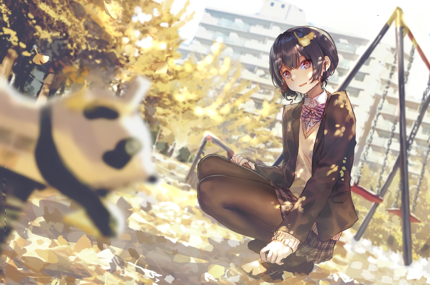 black_hair, bow, building, idolmaster, idolmaster_shiny_colors, leaves, morino_rinze, pantyhose