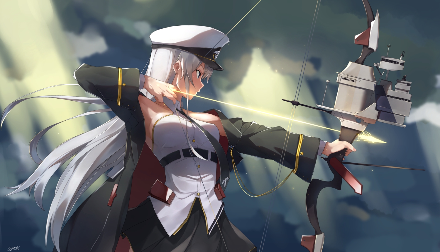anthropomorphism, azur_lane, bow_(weapon), cropped, enterprise_(azur_lane), hat, long_hair, military, signed, skirt, tie, uniform, weapon, white_hair, yossui