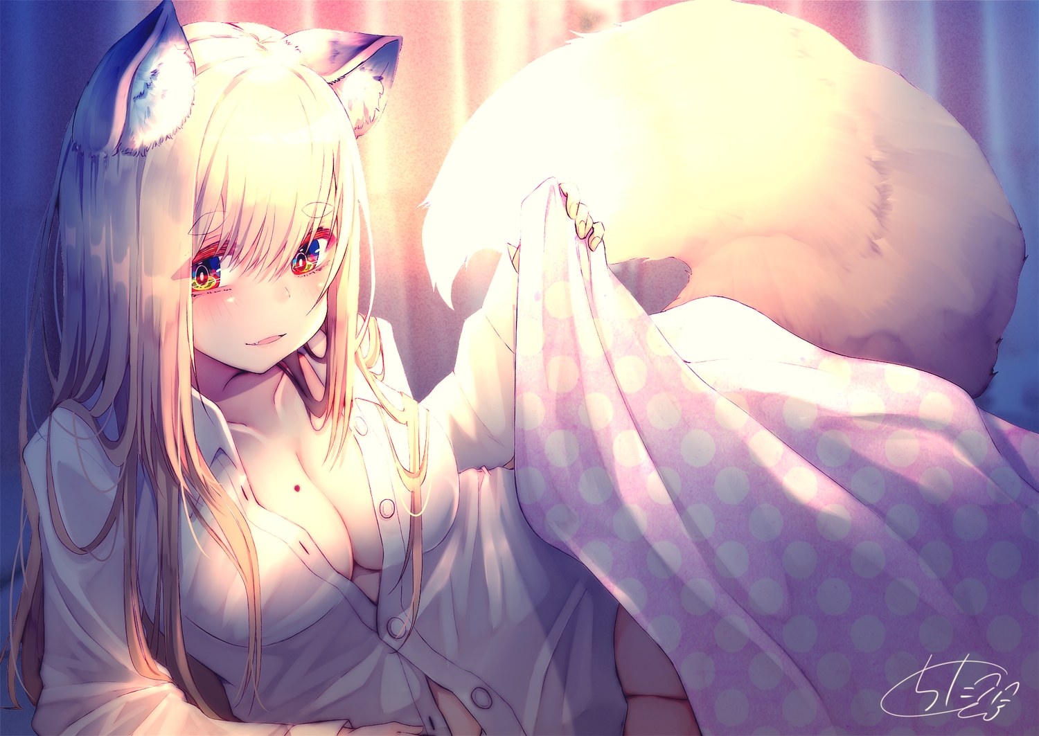 animal_ears, bed, blonde_hair, blush, breasts, chita_(ketchup), cleavage, fang