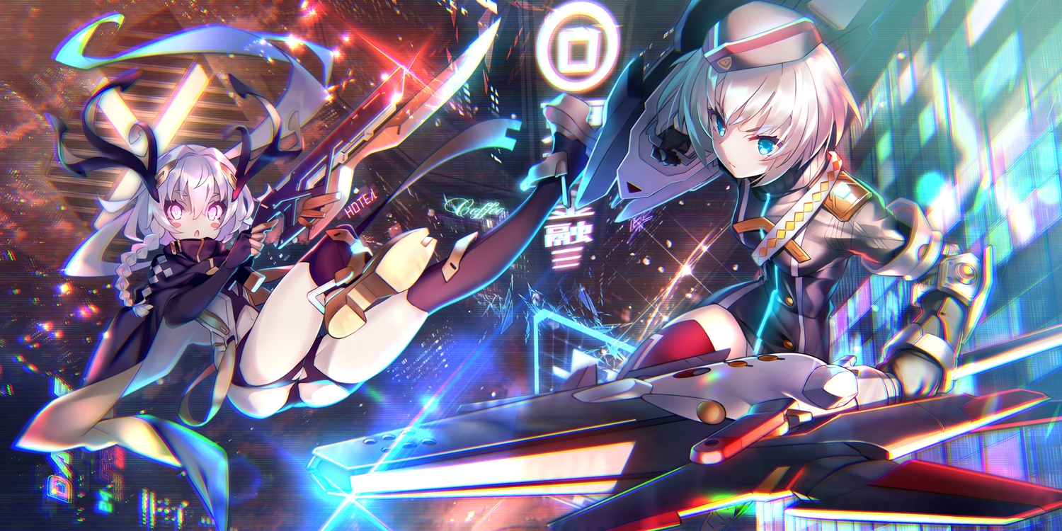 2girls, aqua_eyes, border_reign, braids, building, city, eikyou_(border_reign), hayakawa_harui