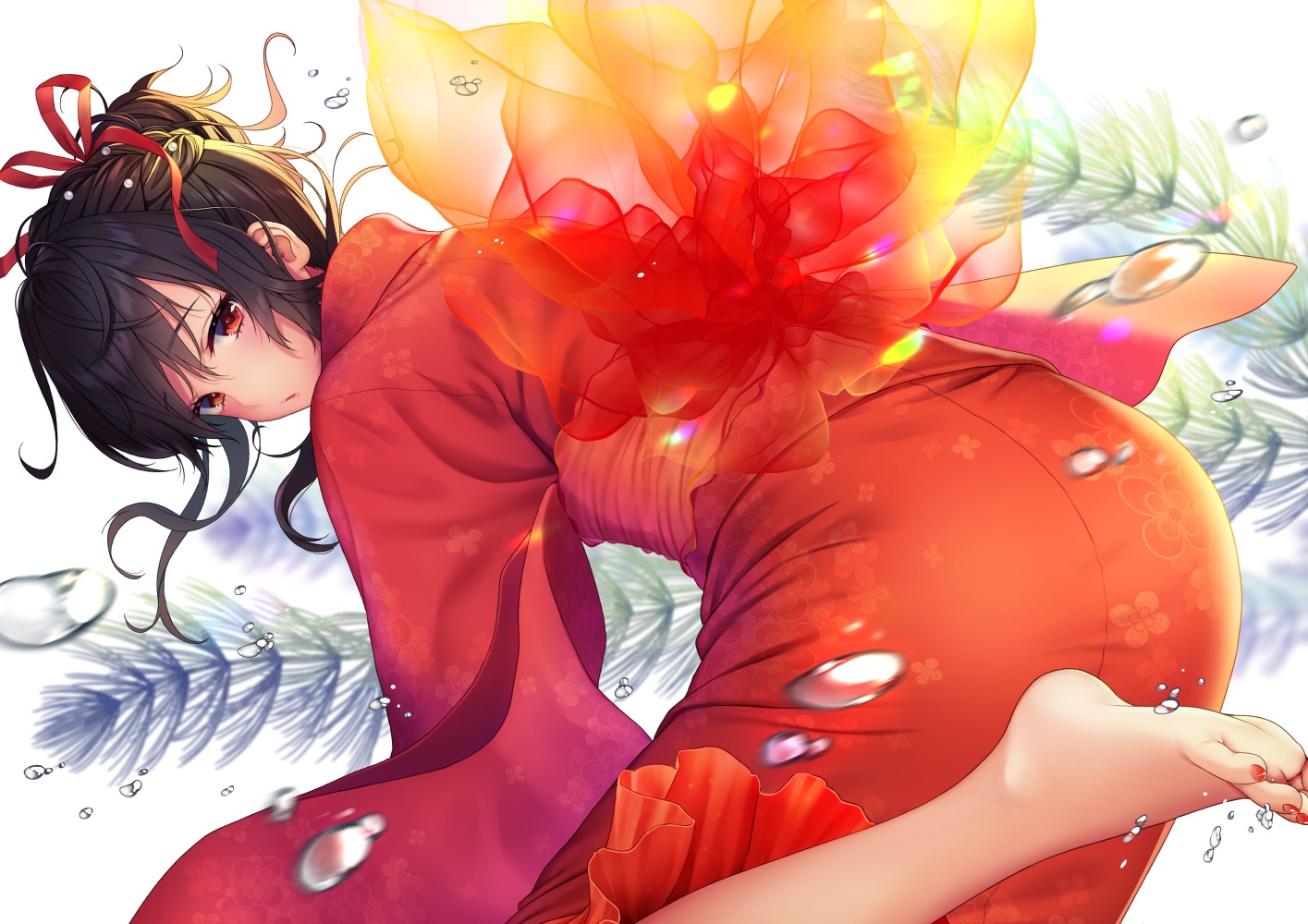 barefoot, brown_hair, daidai_jamu, japanese_clothes, orange_eyes, original, short_hair, underwater, water