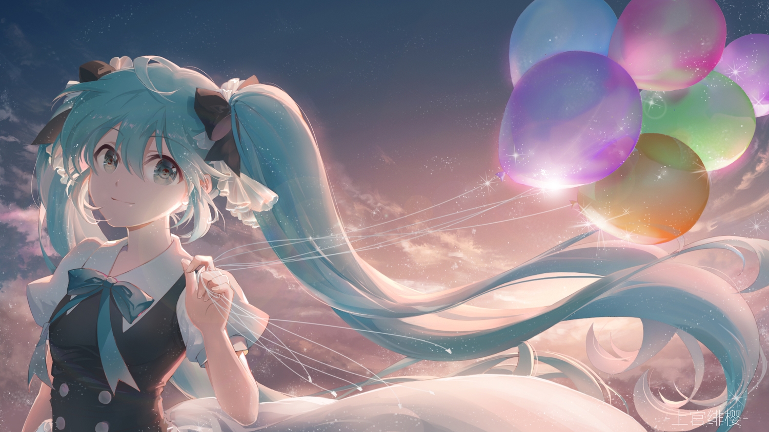 aqua_eyes, aqua_hair, gloves, hatsune_miku, long_hair, ribbons, shangguan_feiying, twintails