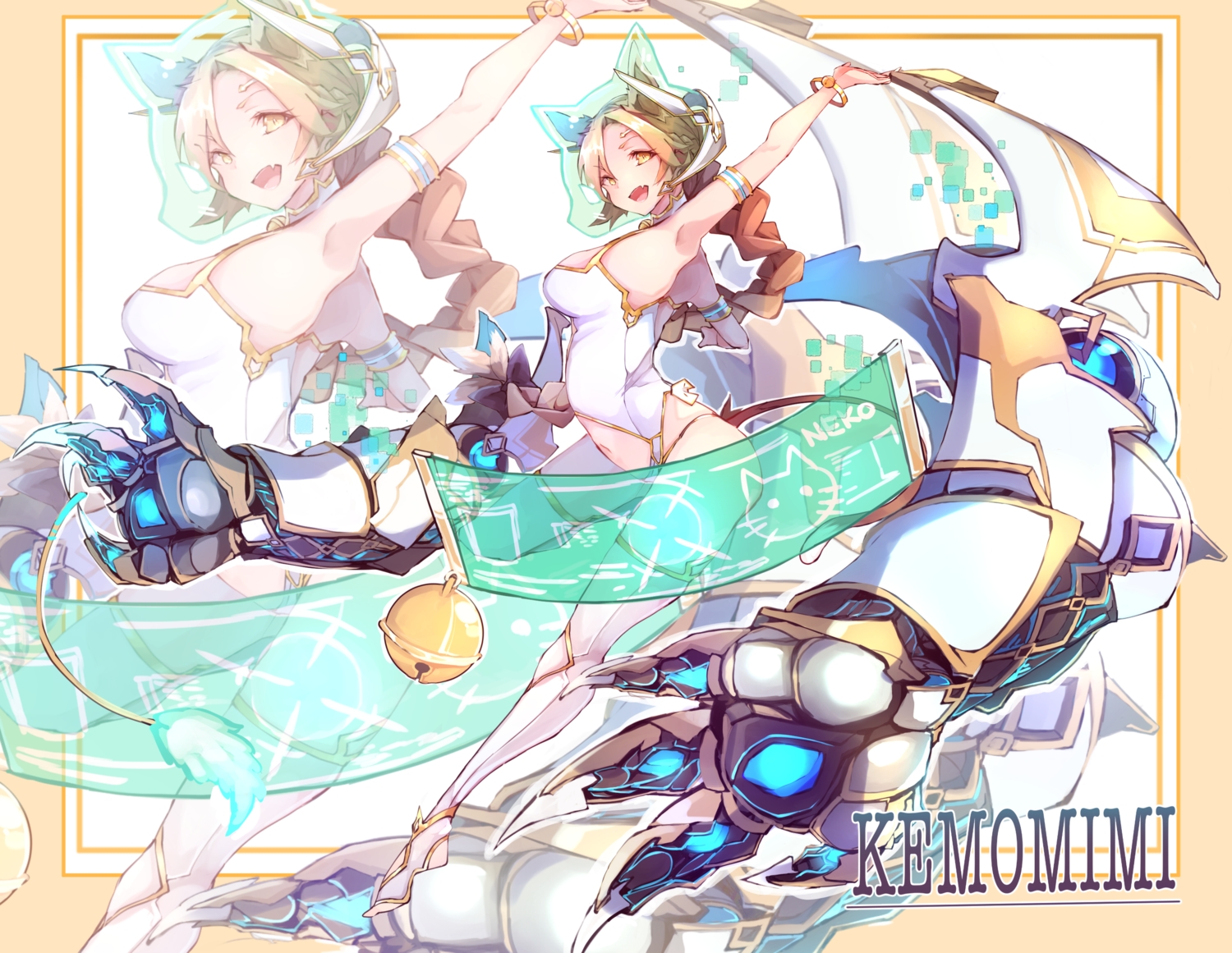 animal_ears, bell, braids, fang, long_hair, mechagirl, navel, original