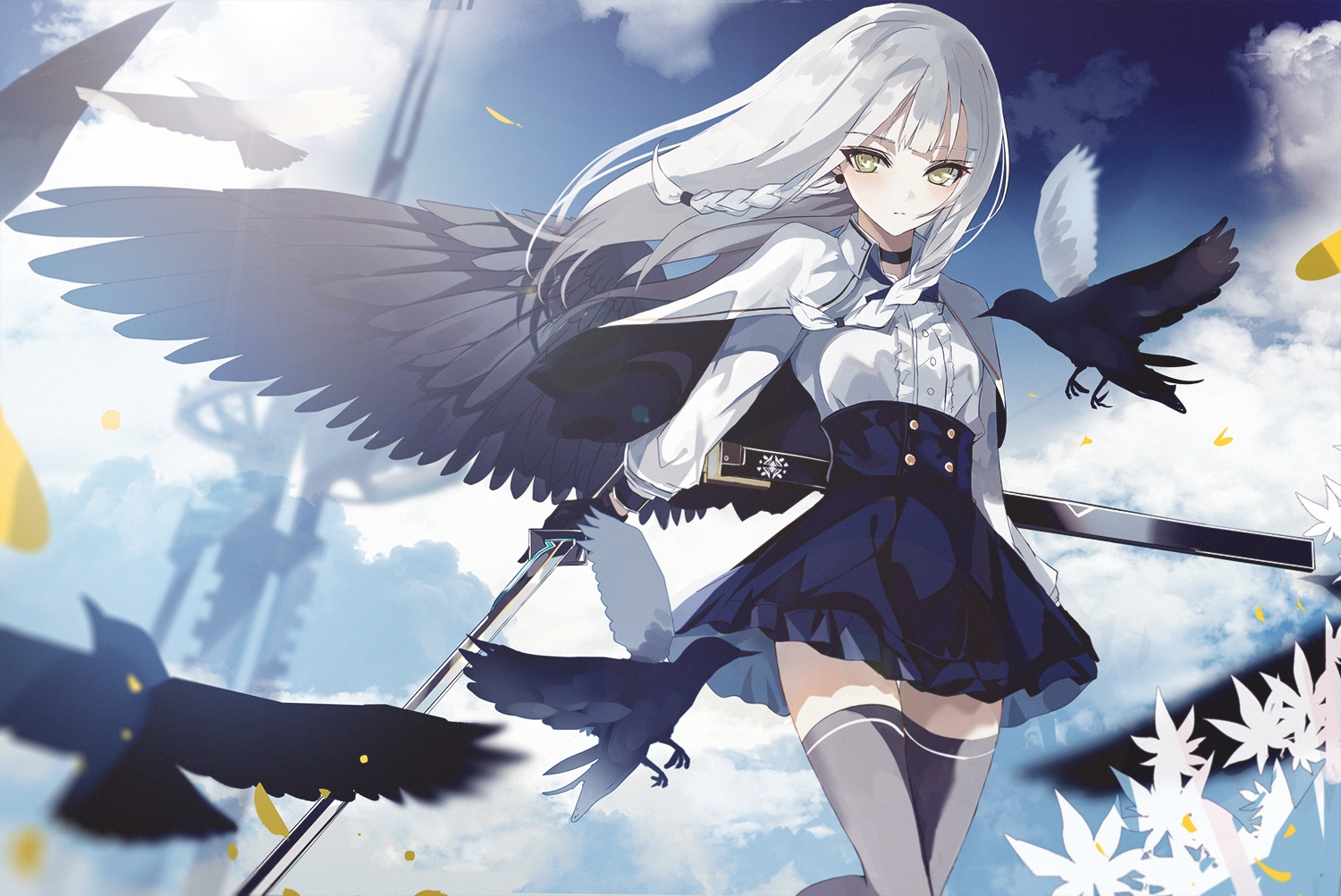 animal, beckzawachi, bird, braids, cape, clouds, flowers, gloves
