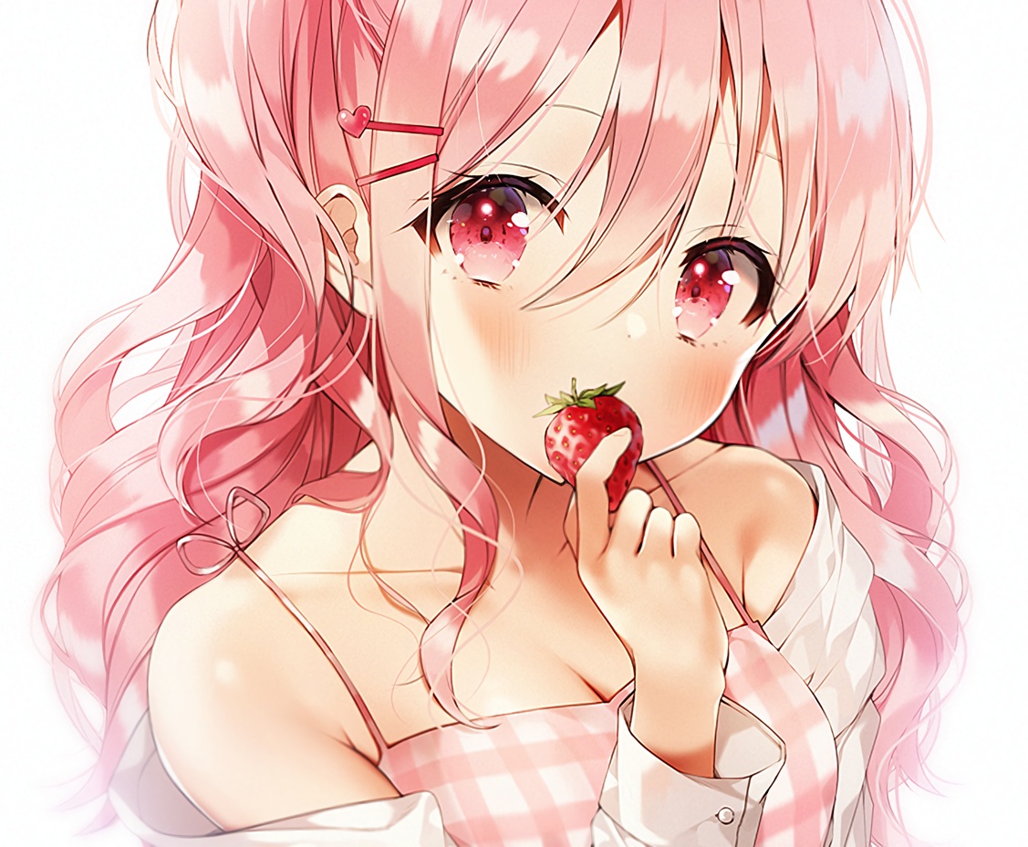 blush, close, cropped, food, fruit, long_hair, original, pink_eyes, pink_hair, shirt, strawberry, waifu2x, weri, white