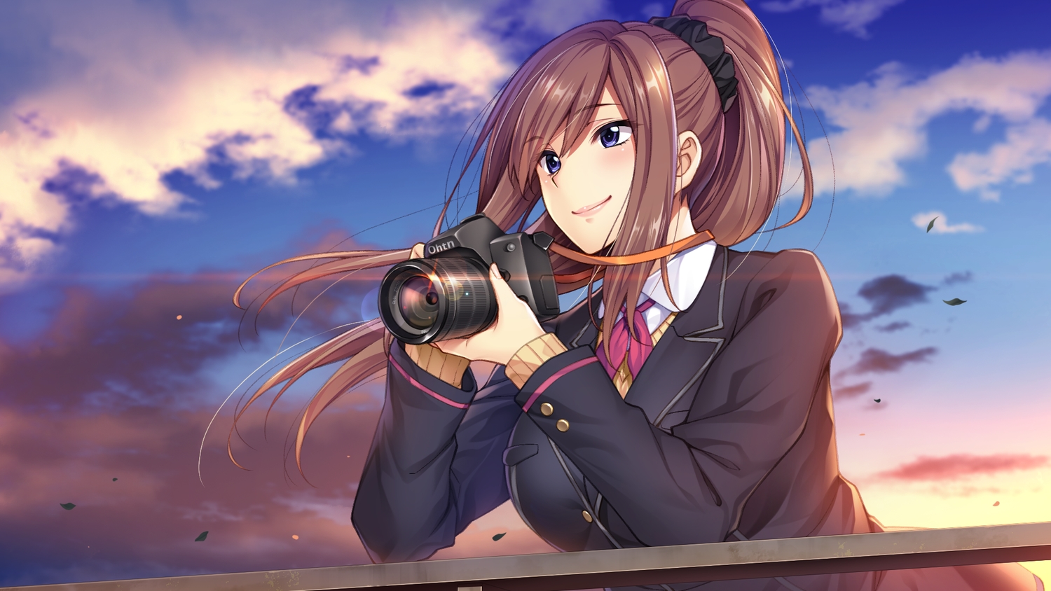 blue_eyes, brown_hair, camera, clouds, game_cg, leaves, like_x_love_~totsukawa_hikaru~, long_hair