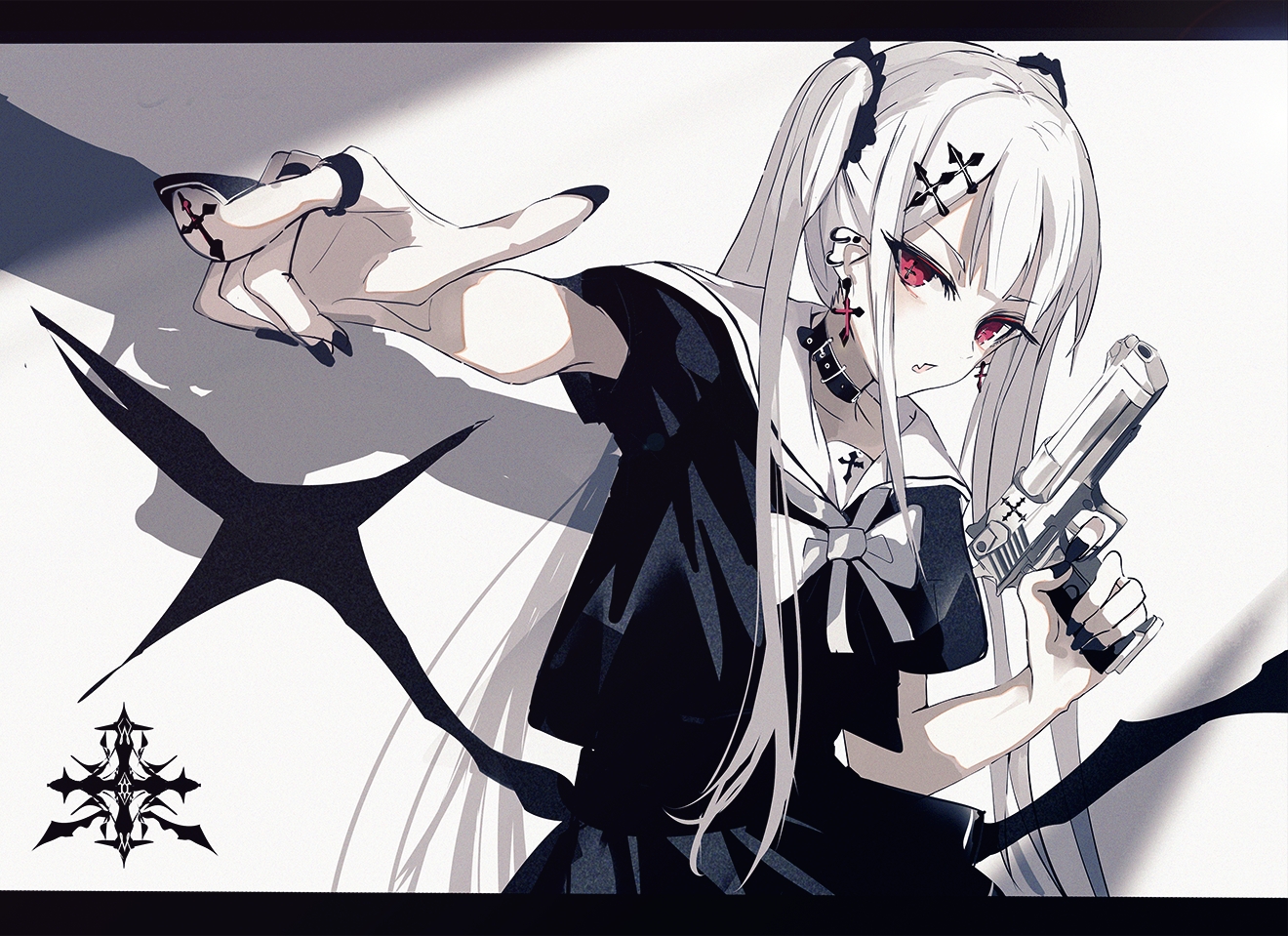 beckzawachi, collar, gun, original, polychromatic, red_eyes, twintails, weapon