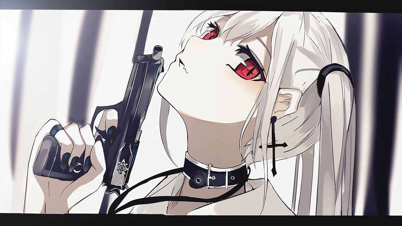 beckzawachi, close, collar, fang, gun, original, polychromatic, red_eyes