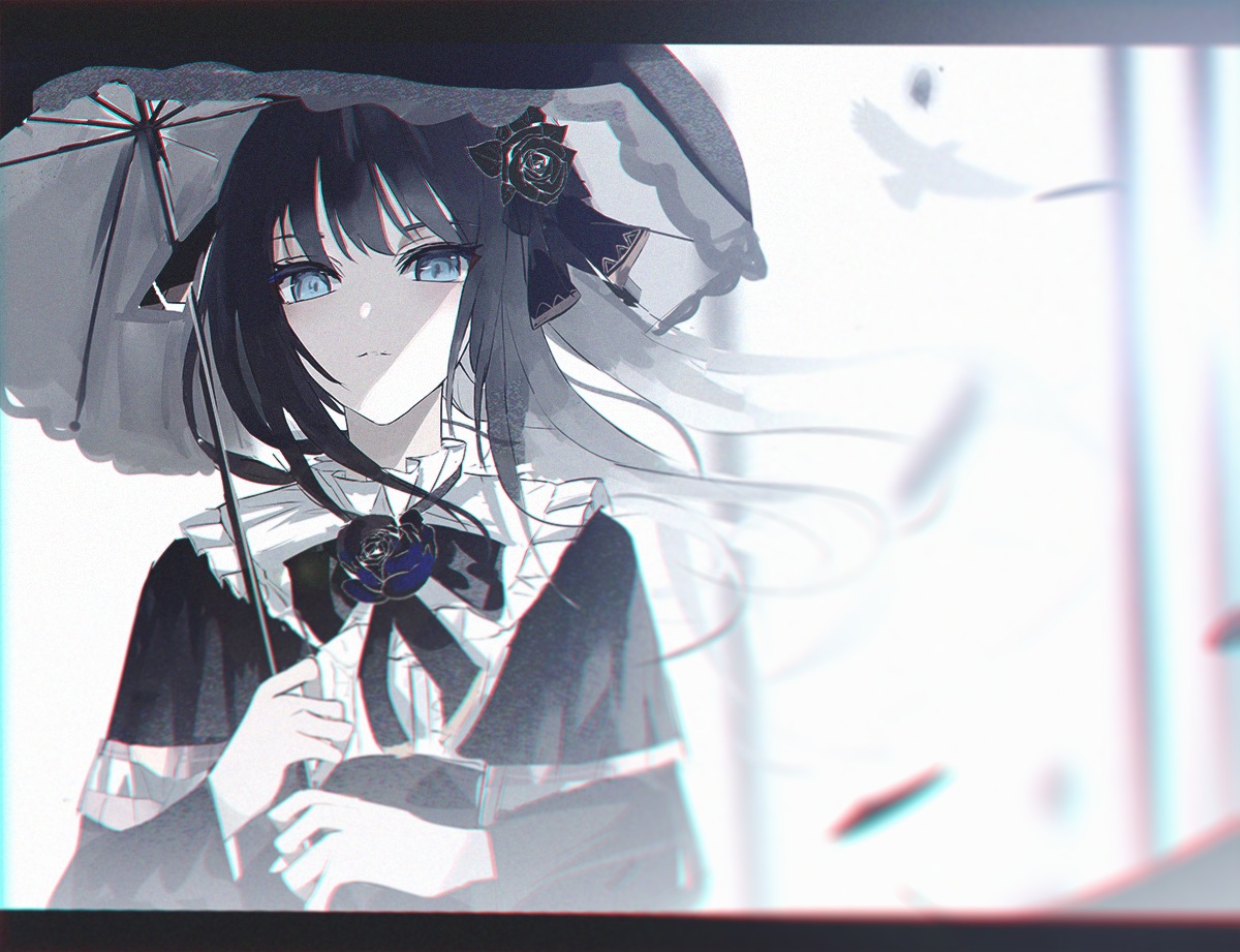 arcaea, beckzawachi, black_hair, blue_eyes, flowers, goth-loli, lolita_fashion, long_hair