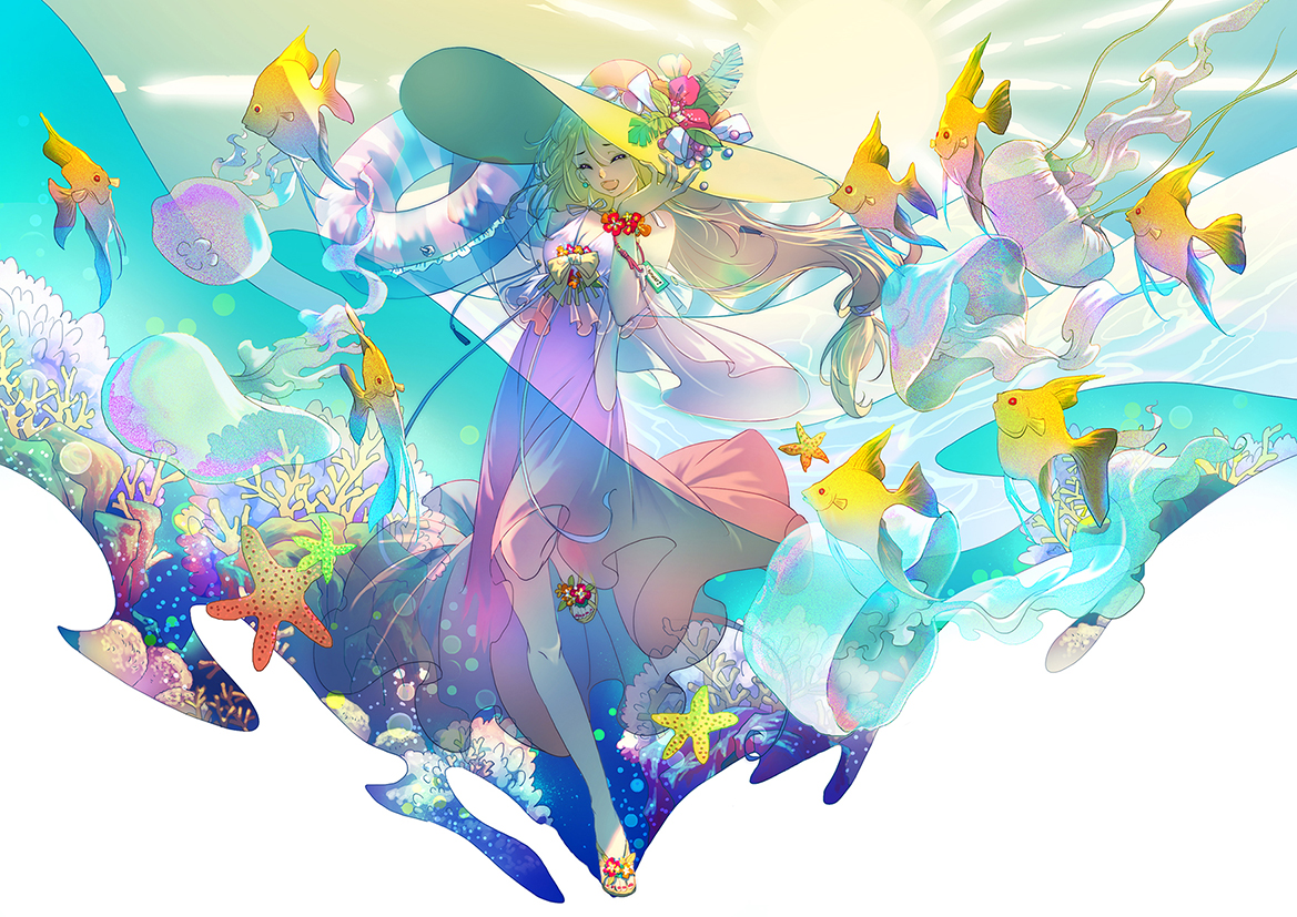 amada_(12785891), animal, blonde_hair, dress, fish, hat, original, swim_ring