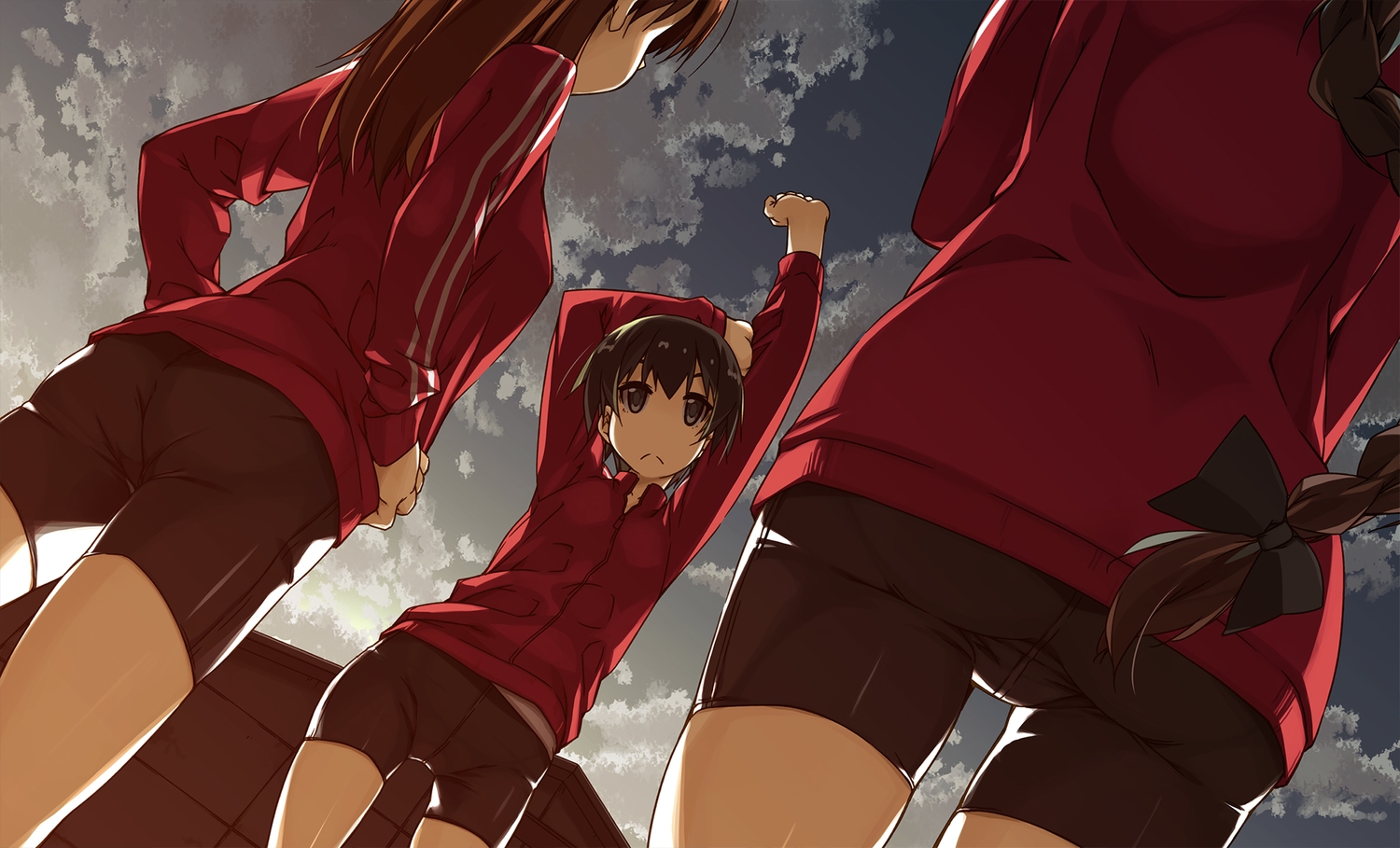 ass, black_eyes, black_hair, bow, braids, brown_hair, clouds, girls_und_panzer, isobe_noriko, long_hair, ponytail, rukuriri, shikei, short_hair, shorts, sky, tagme_(character)