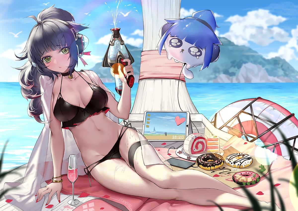 arknights, barefoot, bikini, black_hair, cake, clouds, computer, drink, food, green_eyes, headphones, itoucon, jessica_(arknights), long_hair, navel, phone, ponytail, sky, swimsuit, water