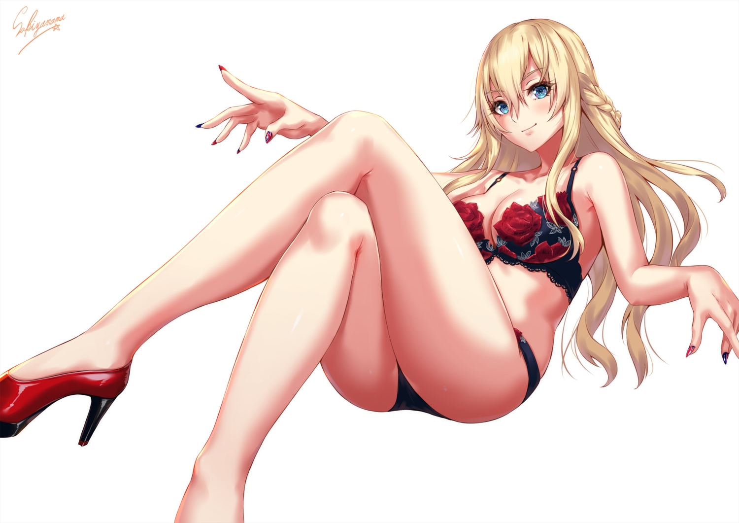 anthropomorphism, blonde_hair, blue_eyes, blush, bra, braids, breasts, cleavage