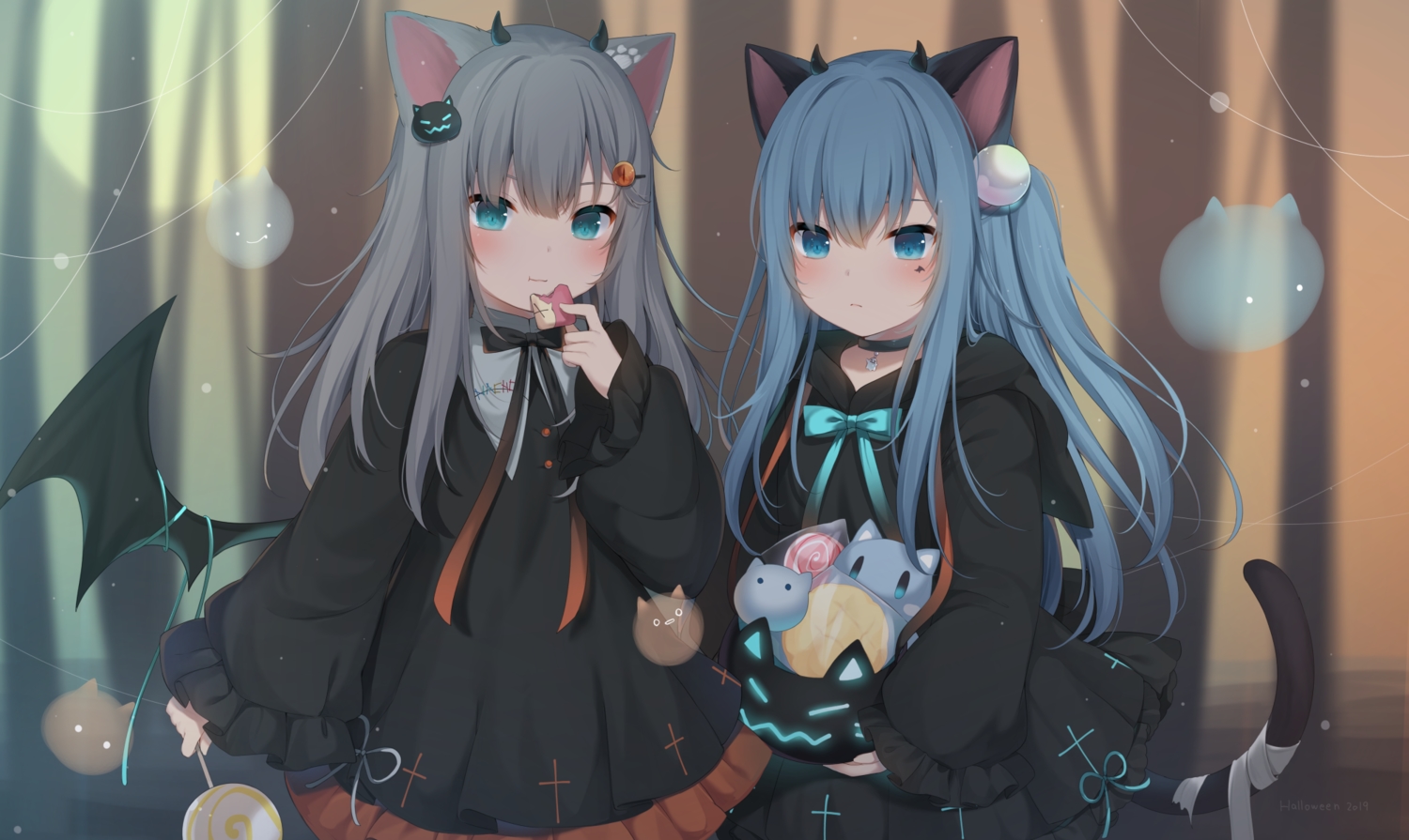 2girls, amashiro_natsuki, animal_ears, aqua_eyes, aqua_hair, candy, catgirl, choker