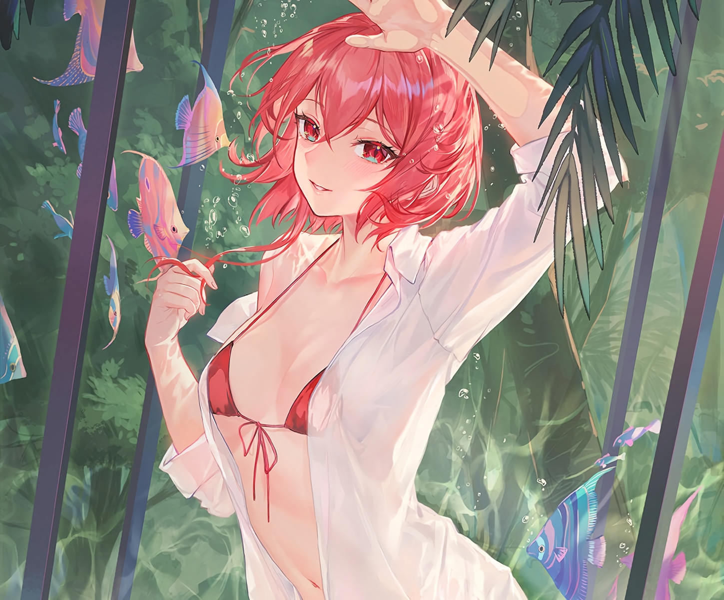 animal, atdan, bikini, blush, breasts, chiyu_(synthv), cleavage, cropped, fish, green, leaves, red_eyes, red_hair, see_through, shirt, short_hair, swimsuit, synthesizer_v, underwater, waifu2x, water