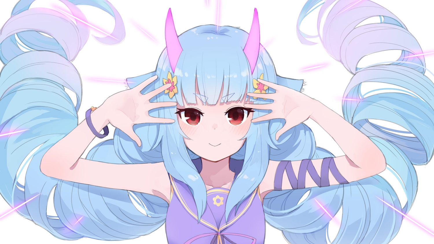 animal_ears, blue_hair, close, compass, demon, devilmintkiryu_derumin, horns, long_hair, red_eyes, twintails, usuaji, white