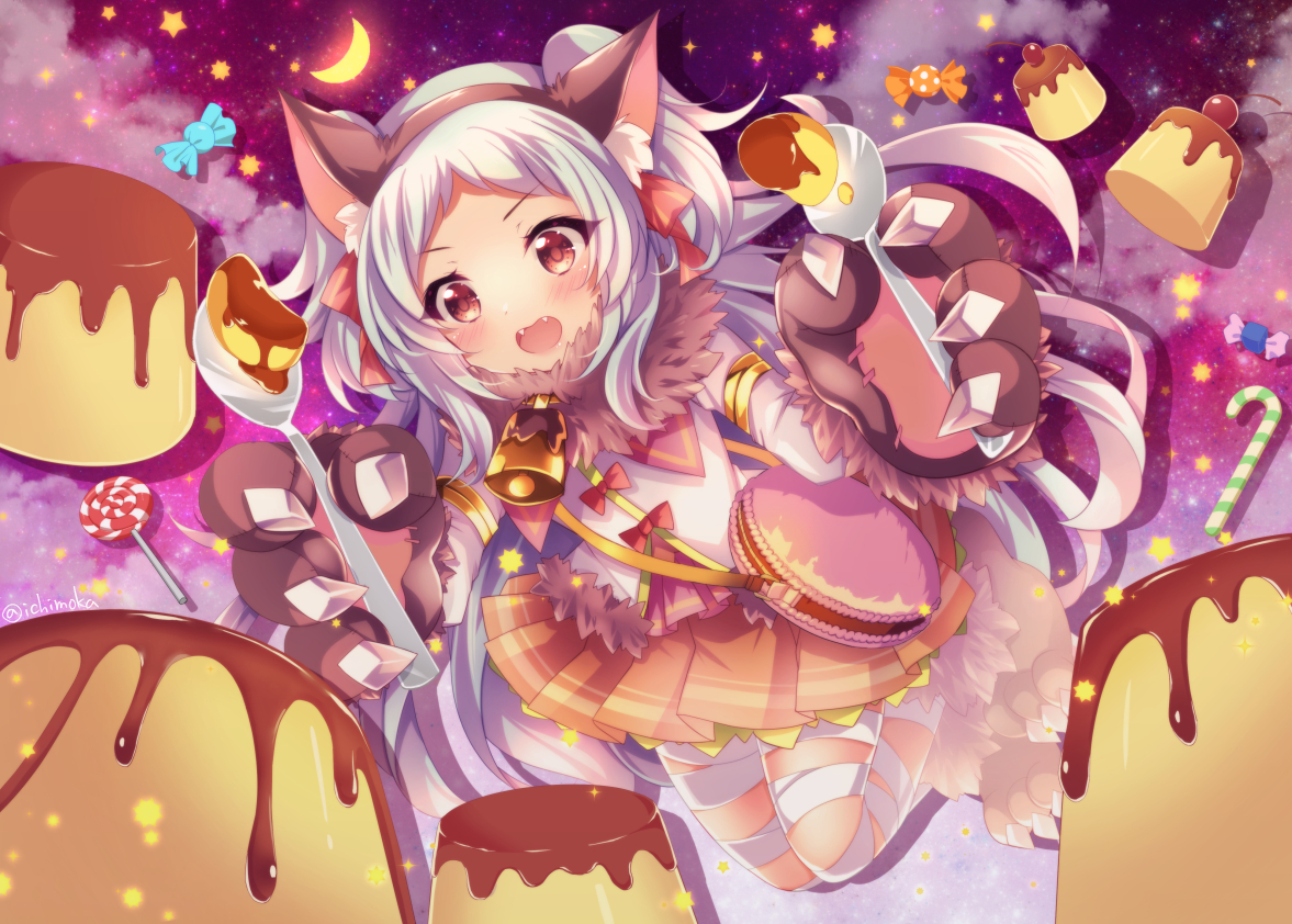 animal_ears, bandage, blush, candy, fang, food, gloves, headband