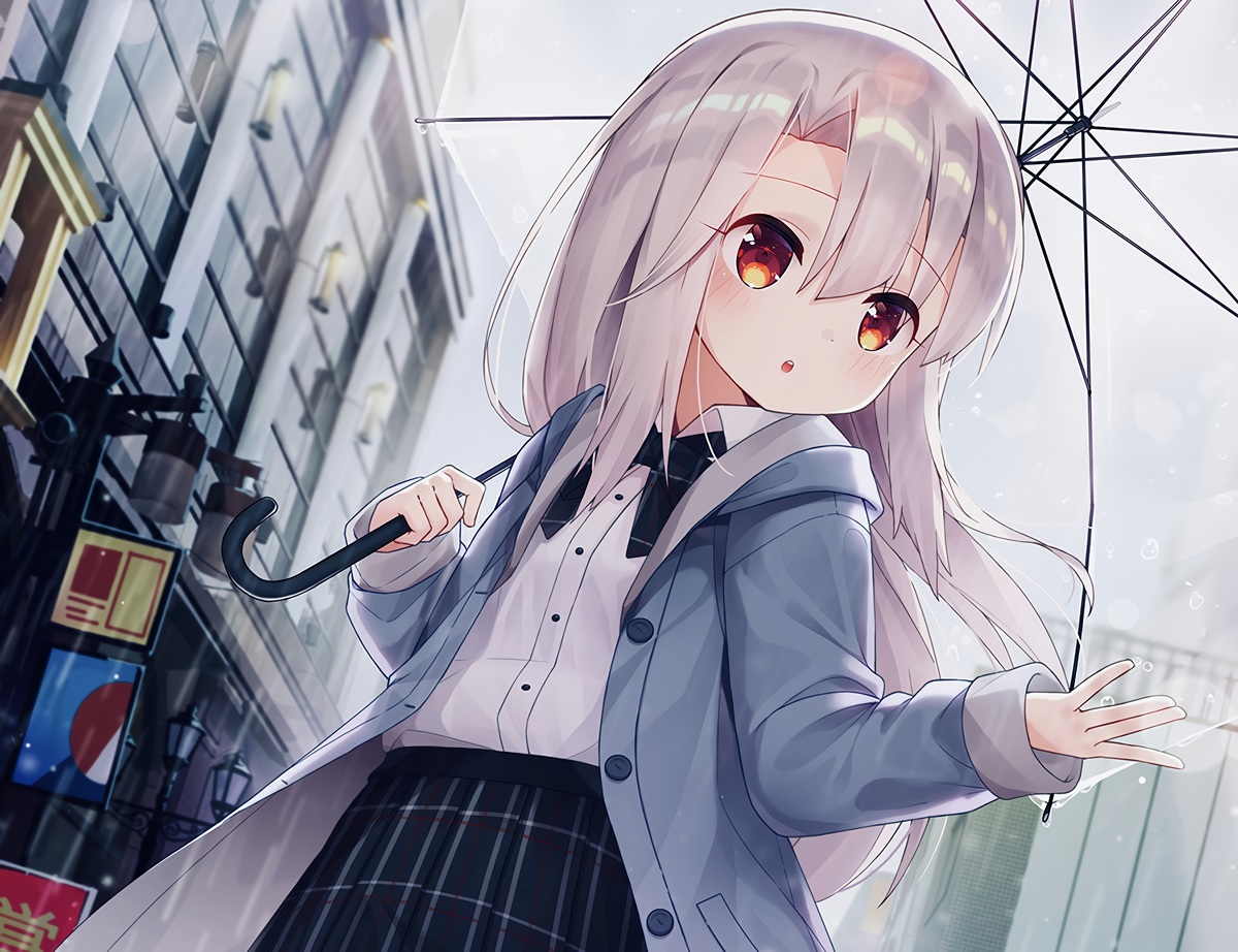blush, building, city, fate/kaleid_liner_prisma_illya, fate_(series), gray_hair, illyasviel_von_einzbern, loli