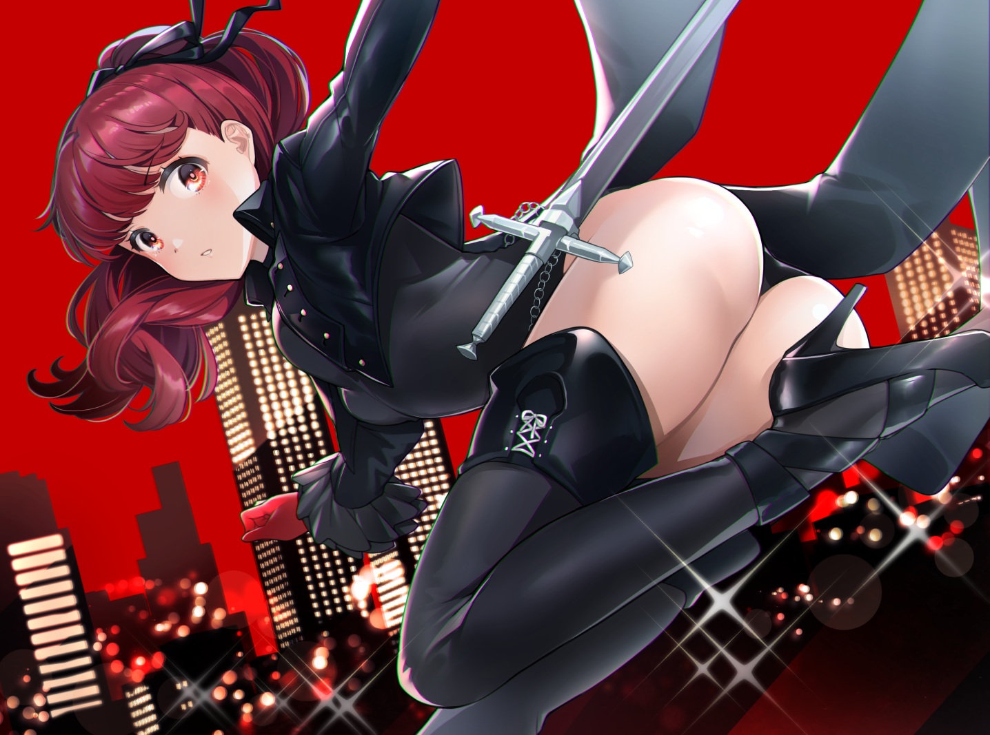 ass, bodysuit, building, city, ika, long_hair, persona_5, ponytail, red, red_eyes, red_hair, sword, weapon, yoshizawa_kasumi