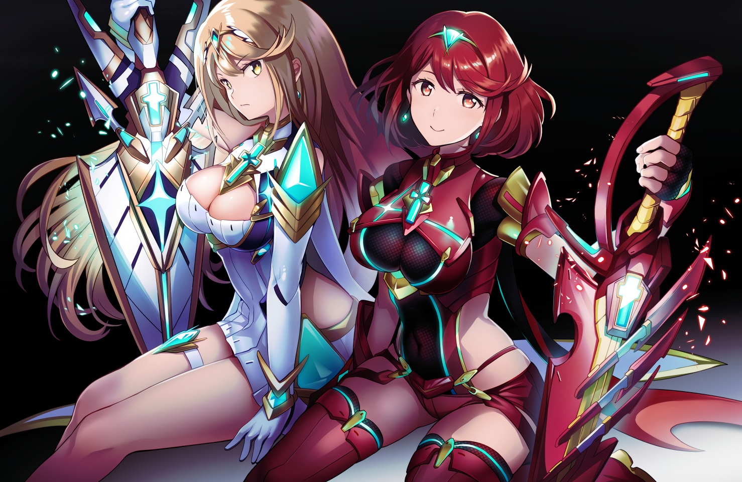 2girls, blonde_hair, bodysuit, breasts, cleavage, hikari_(xenoblade), homura_(xenoblade), ika, long_hair, red_hair, short_hair, sword, thighhighs, weapon, xenoblade, yellow_eyes