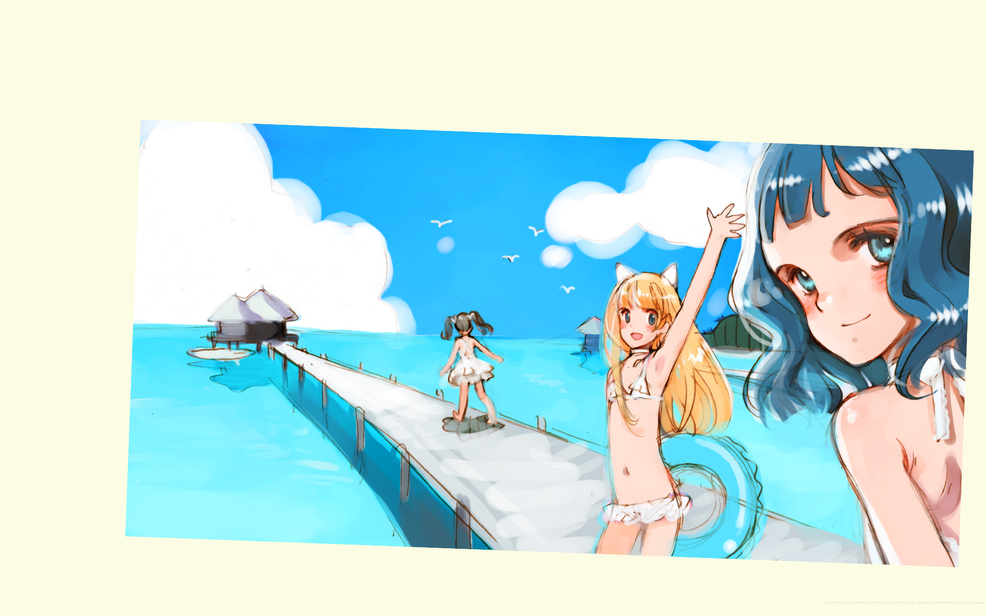 animal_ears, bikini, black_hair, blonde_hair, blue_eyes, blue_hair, catgirl, dress