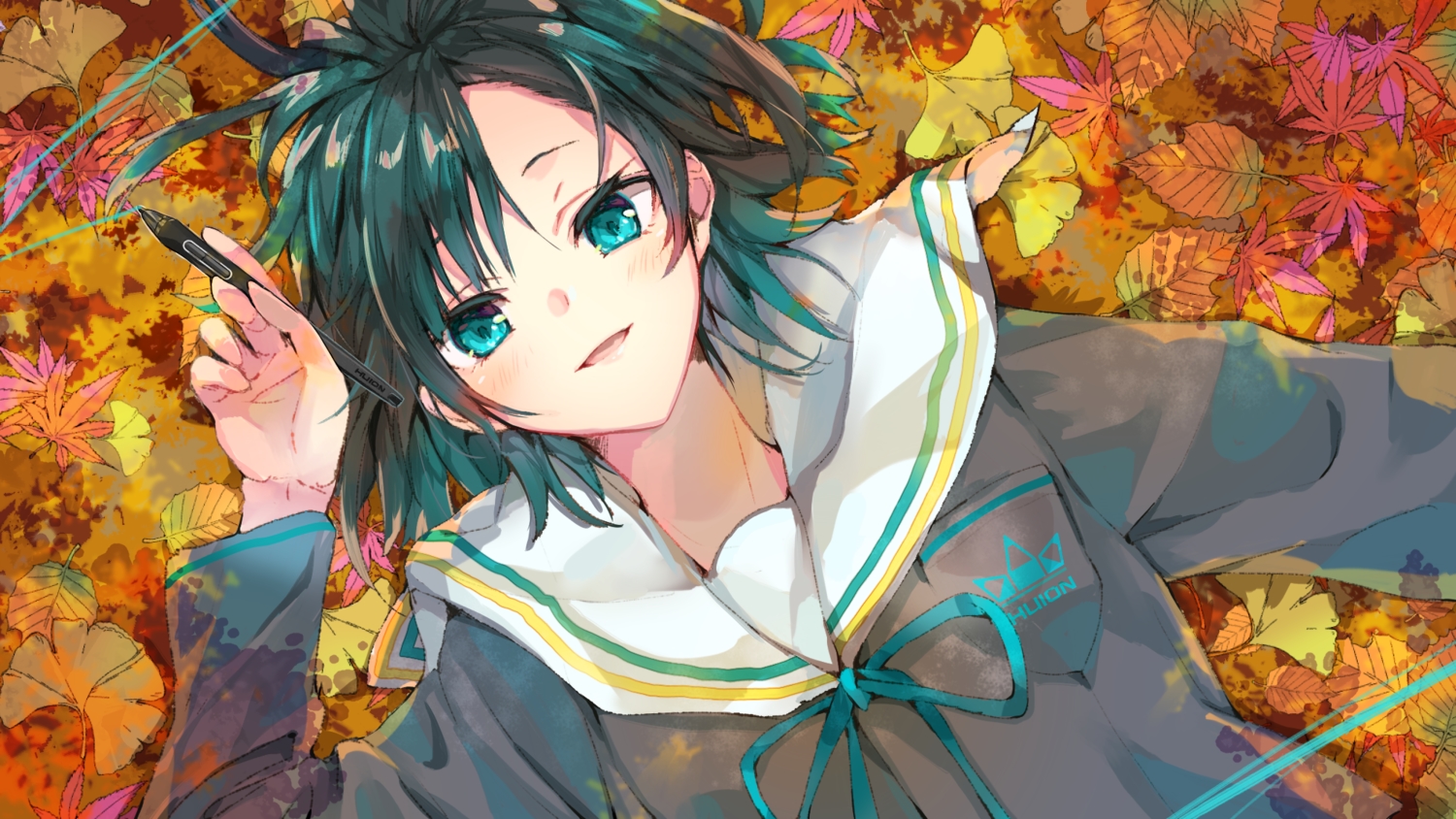 autumn, blush, close, green_eyes, green_hair, huion, leaves, original
