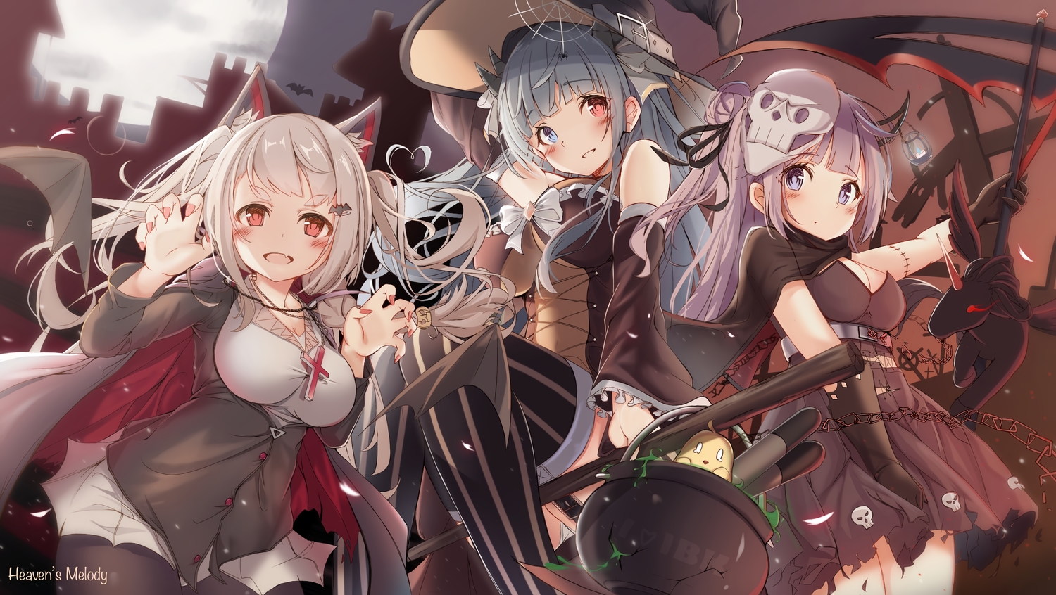 anthropomorphism, azur_lane, bicolored_eyes, blue_eyes, halloween, hat, ibuki_(azur_lane), kyokko, long_hair, manjuu_(azur_lane), purple_eyes, purple_hair, red_eyes, thighhighs, twintails, unicorn_(azur_lane), white_hair, witch, witch_hat, yuudachi_(azur_lane)