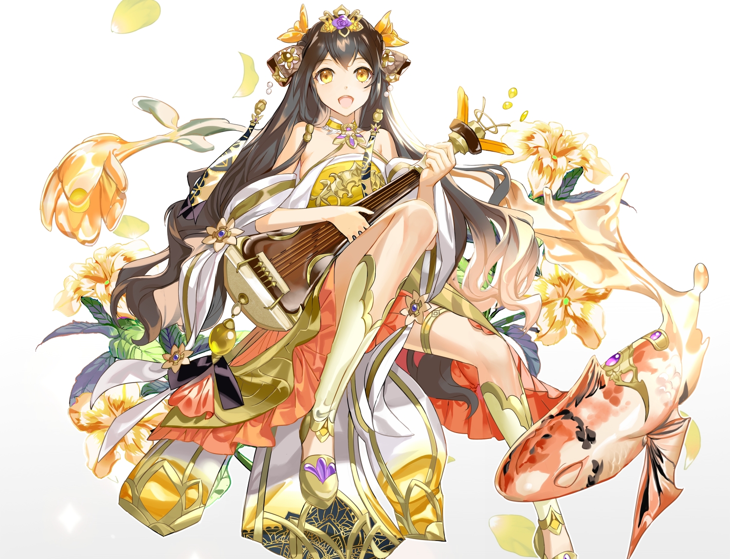animal, black_hair, chinese_clothes, cropped, ddaomphyo, fish, flowers, garter