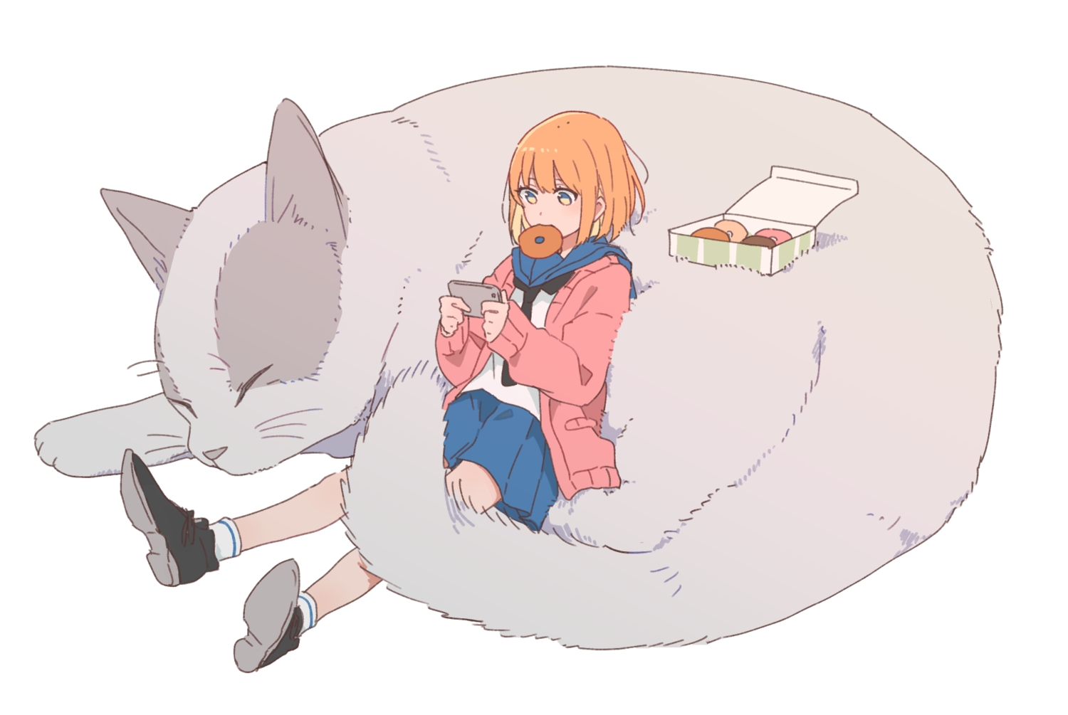 animal, cat, food, monsieur, orange_hair, original, phone, school_uniform, short_hair, skirt, socks, white, yellow_eyes
