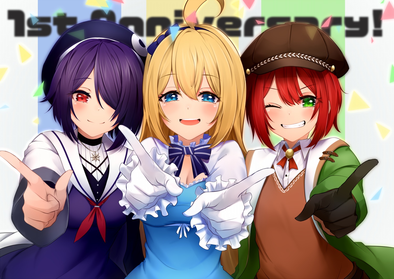 aogiri_koukou, blonde_hair, blue_eyes, breasts, cleavage, green_eyes, hat, ishikari_akari, koruta_(nekoimo), long_hair, minazuki_natsuki, ontama_tamako, purple_hair, red_eyes, red_hair, short_hair, wink
