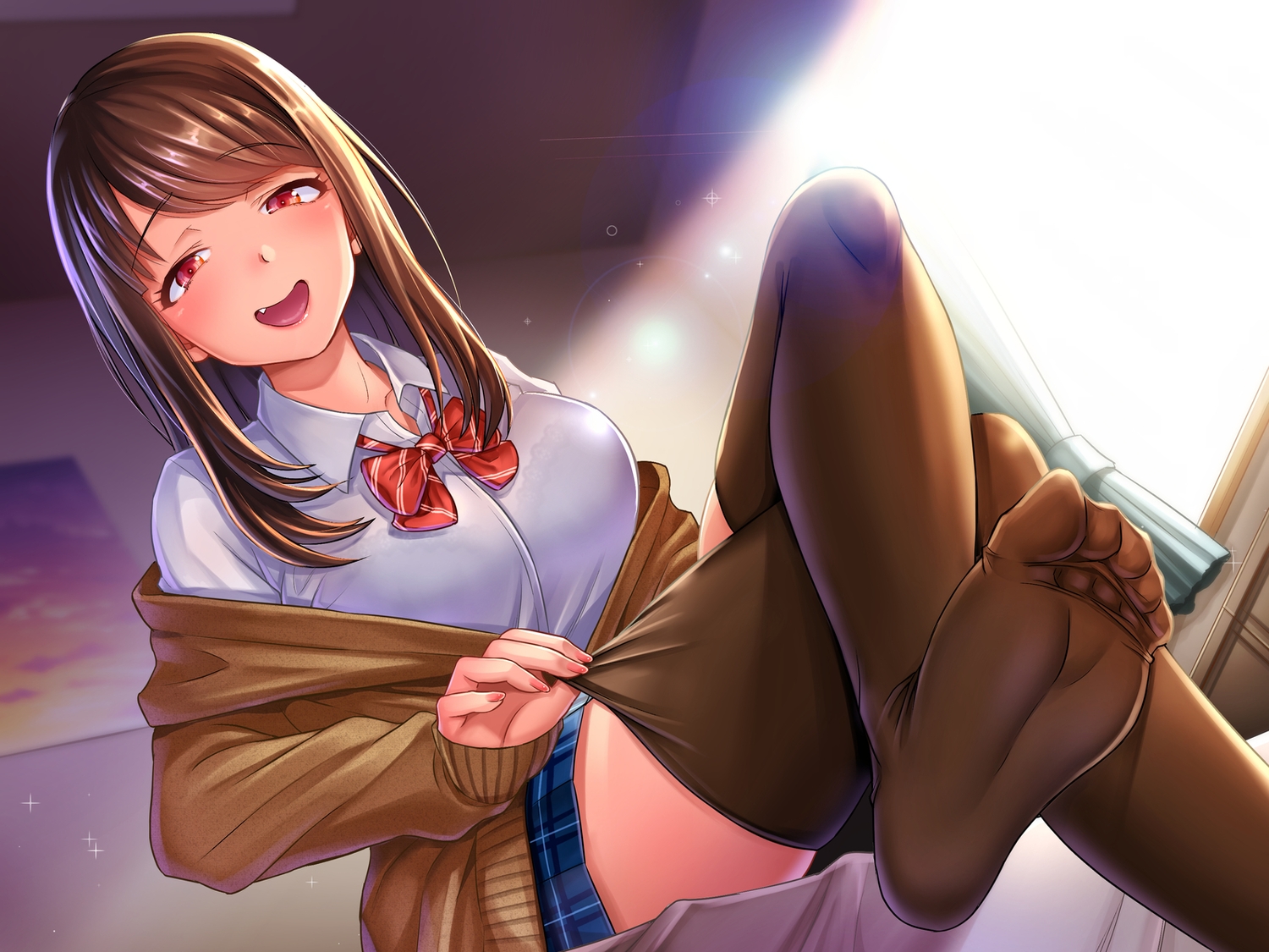 blush, bow, brown_eyes, brown_hair, fang, i_am_homeko, long_hair, original, school_uniform, skirt, thighhighs