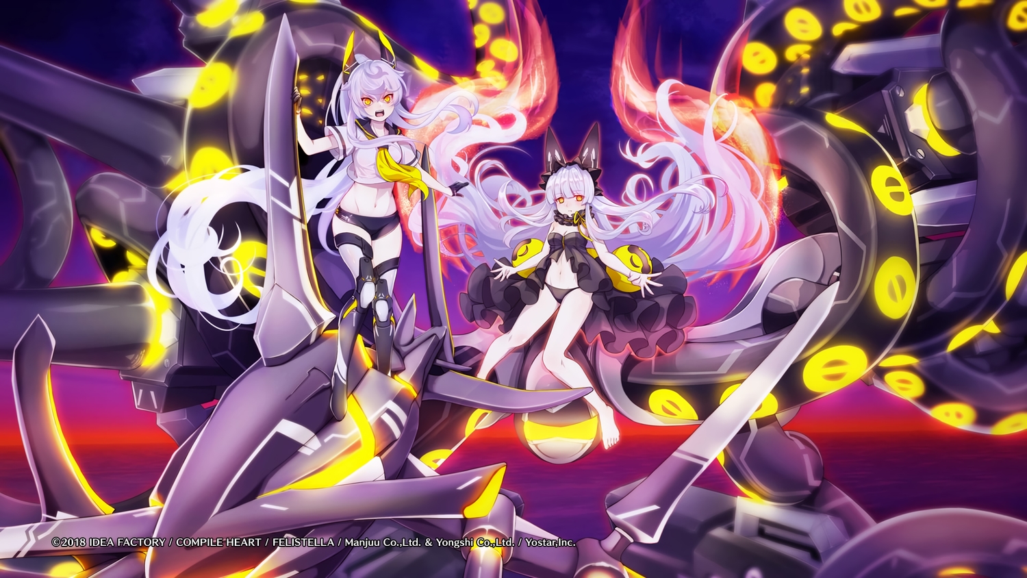 2girls, animal_ears, azur_lane, boots, compile_heart, dress, gray_hair, long_hair, observer_alpha_(azur_lane), panties, ponytail, shorts, siren_(azur_lane), siren_purifier_(azur_lane), tagme_(artist), tentacles, underwear, water, weapon, yellow_eyes