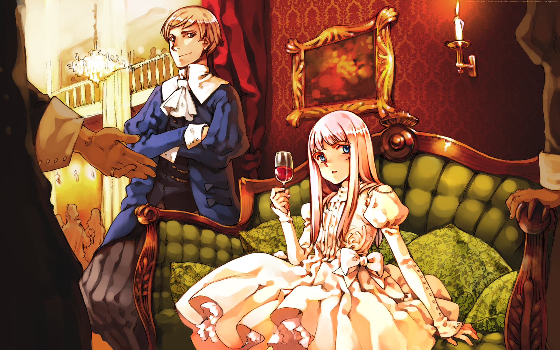 blue_eyes, bow, brown_hair, couch, dress, drink, littlewitch, lolita_fashion